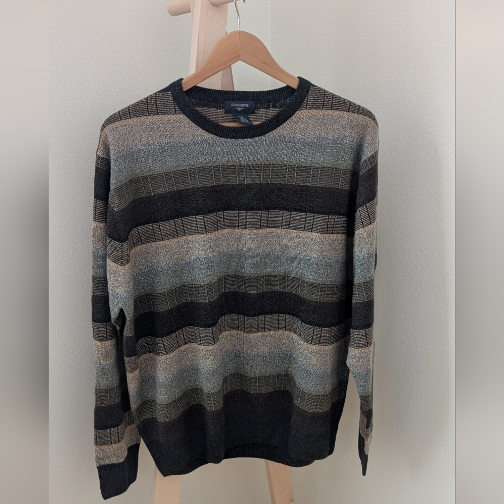 Vintage 90's Striped Crewneck Sweater In Charcoal/Ivory/Green/Lt. Blue